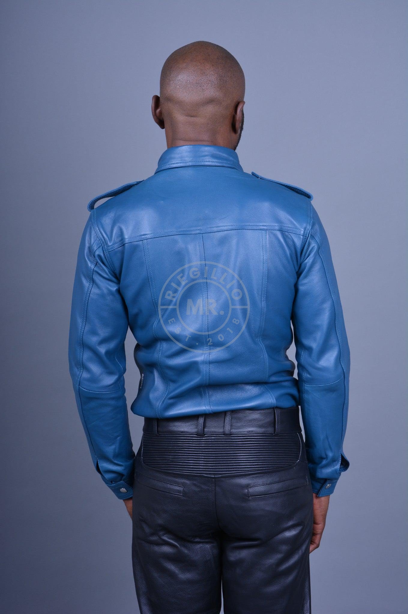 Jeans Blue Leather Shirt Long Sleeves-at MR. Riegillio