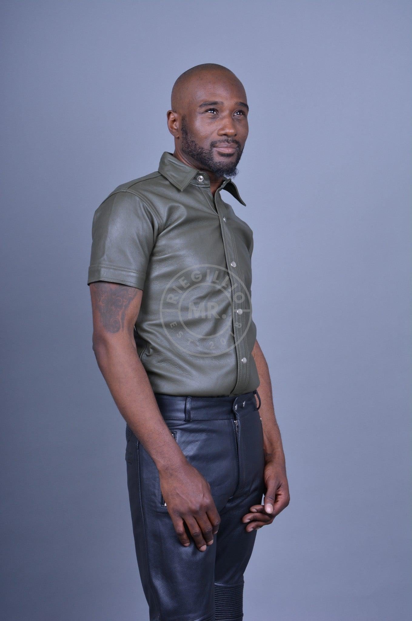 Plain Leather Shirt Army Green at MR. Riegillio