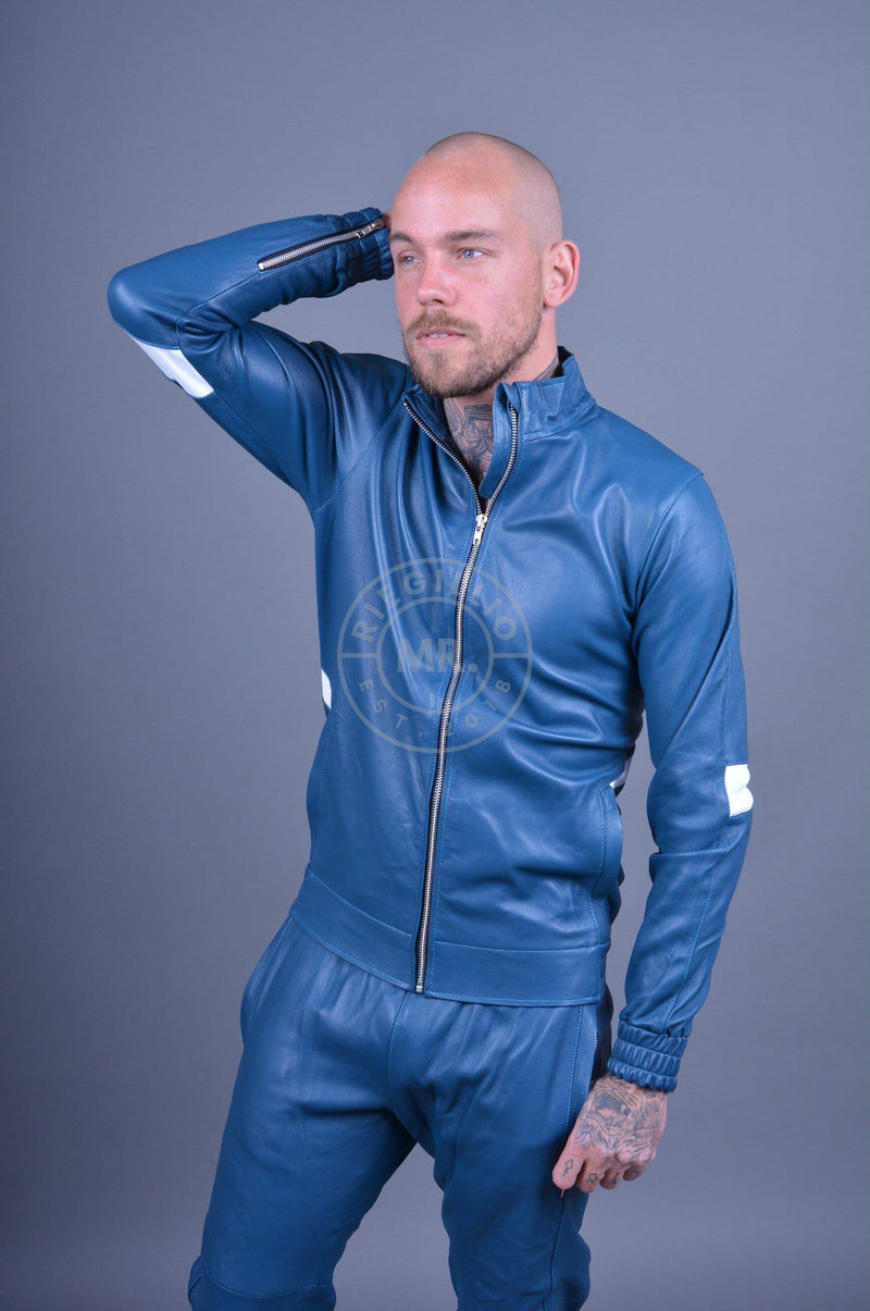 Jeans Blue Leather Tracksuit Jacket at MR. Riegillio