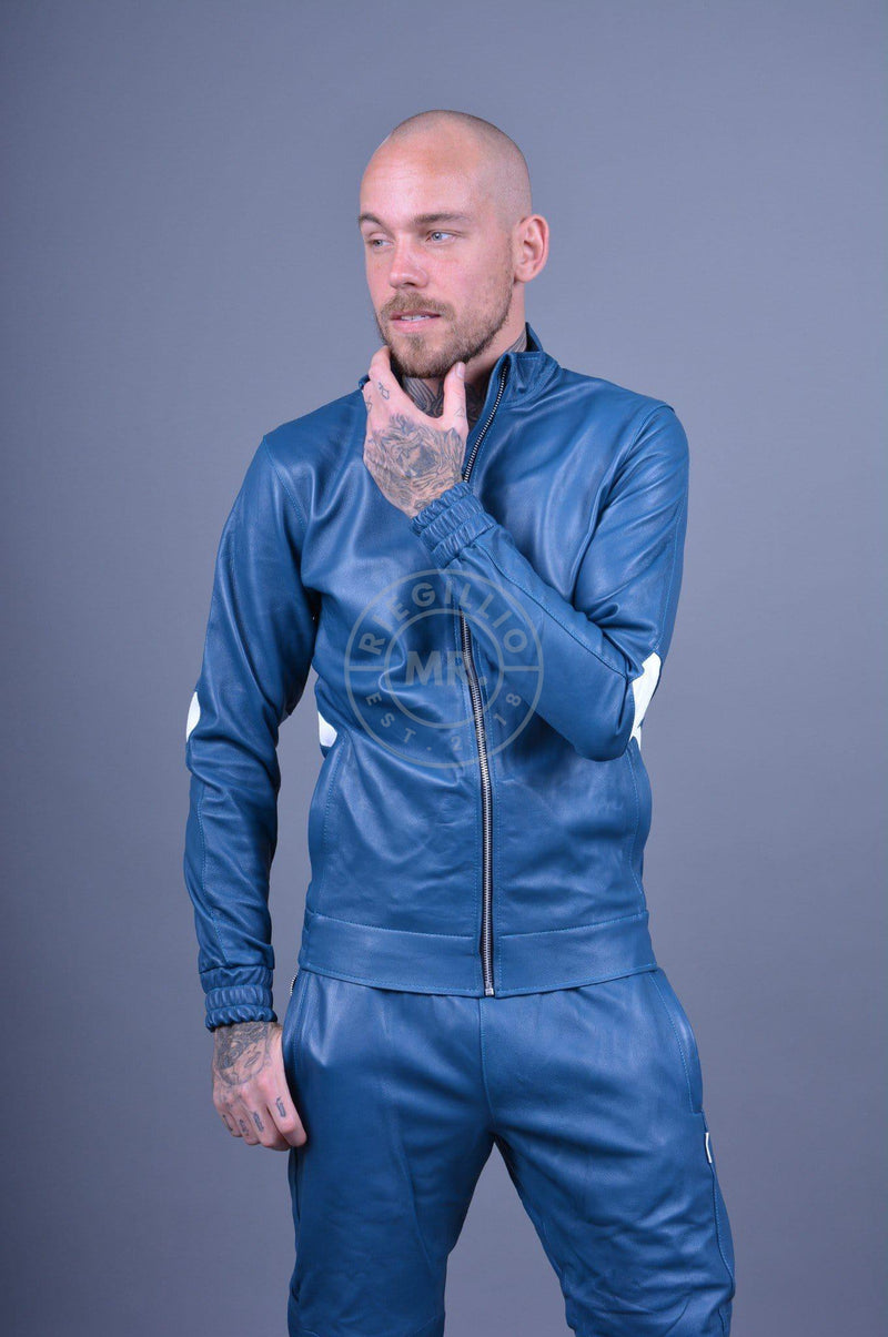 Jeans Blue Leather Tracksuit Jacket at MR. Riegillio