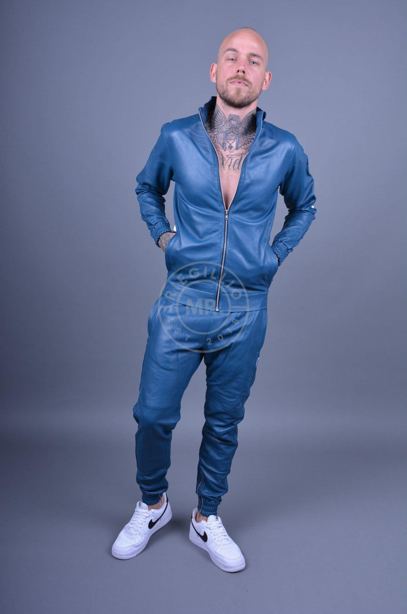 Jeans Blue Leather Tracksuit Jacket at MR. Riegillio