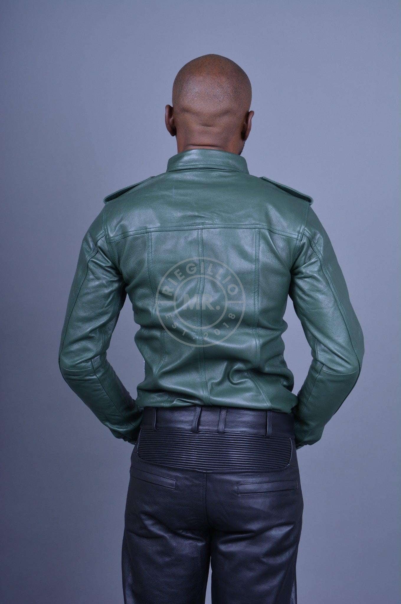 Dark Green Leather Shirt Long Sleeves *DISCONTINUED ITEM*-at MR. Riegillio