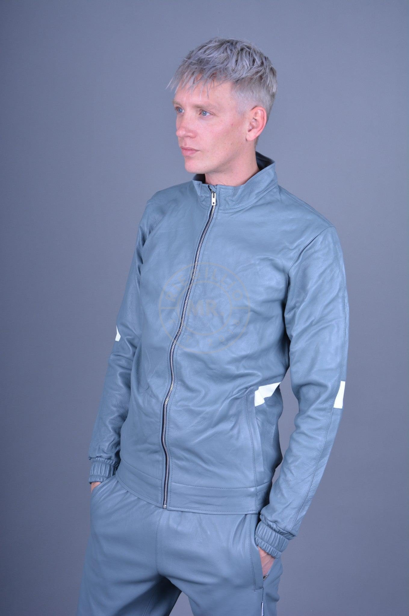 Slate Grey Leather Tracksuit Jacket *DISCONTINUED ITEM*-at MR. Riegillio