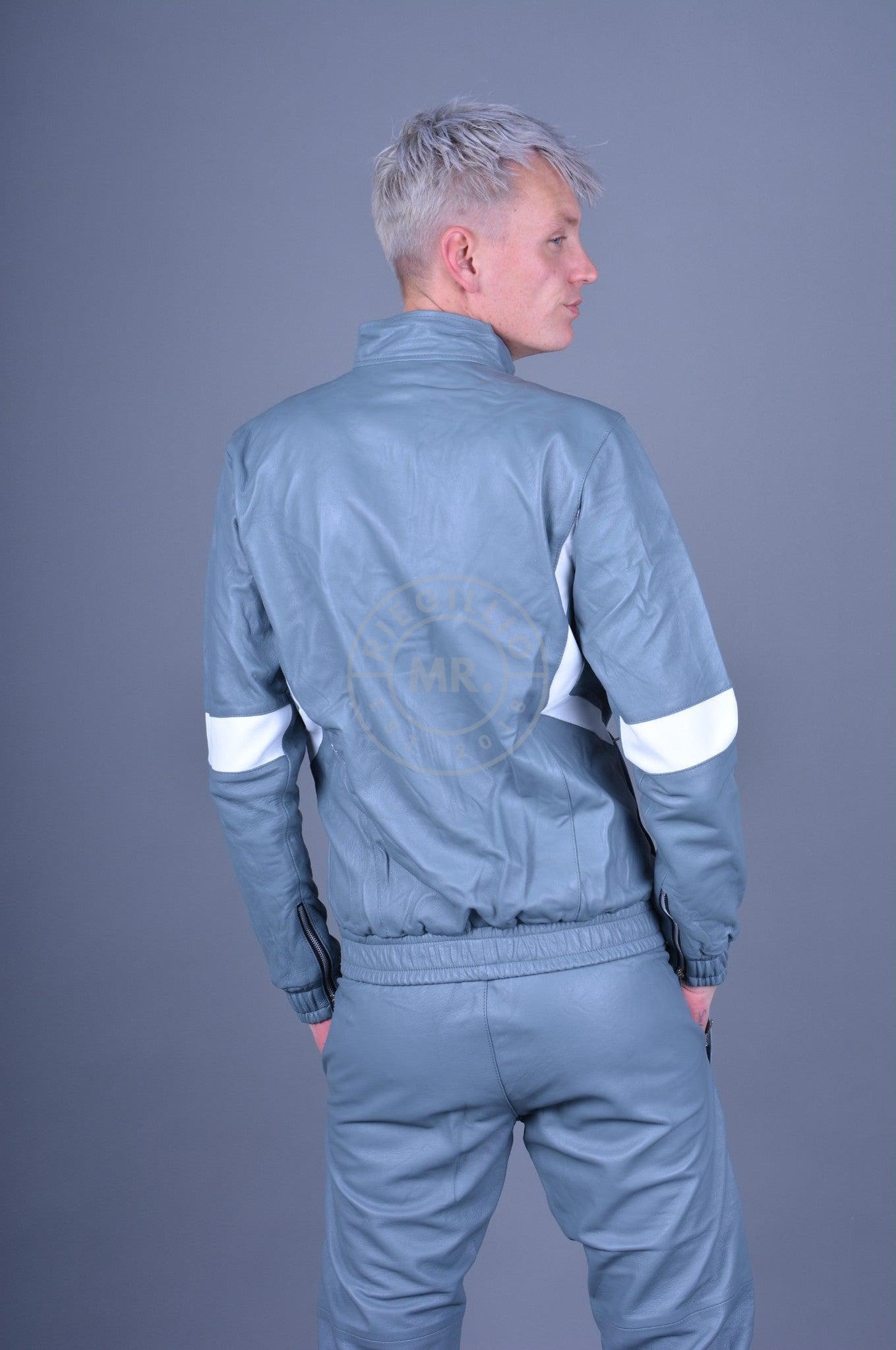 Slate Grey Leather Tracksuit Jacket at MR. Riegillio