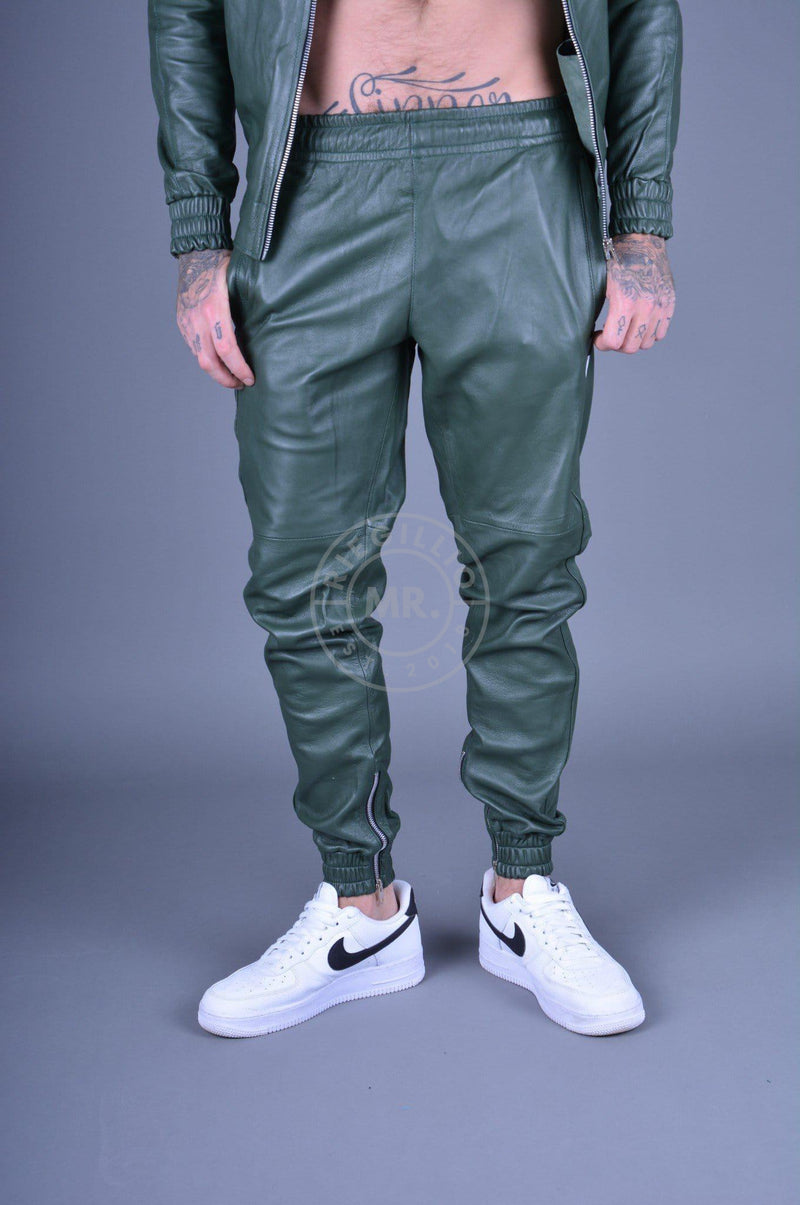 Dark Green Leather Tracksuit Pants at MR. Riegillio
