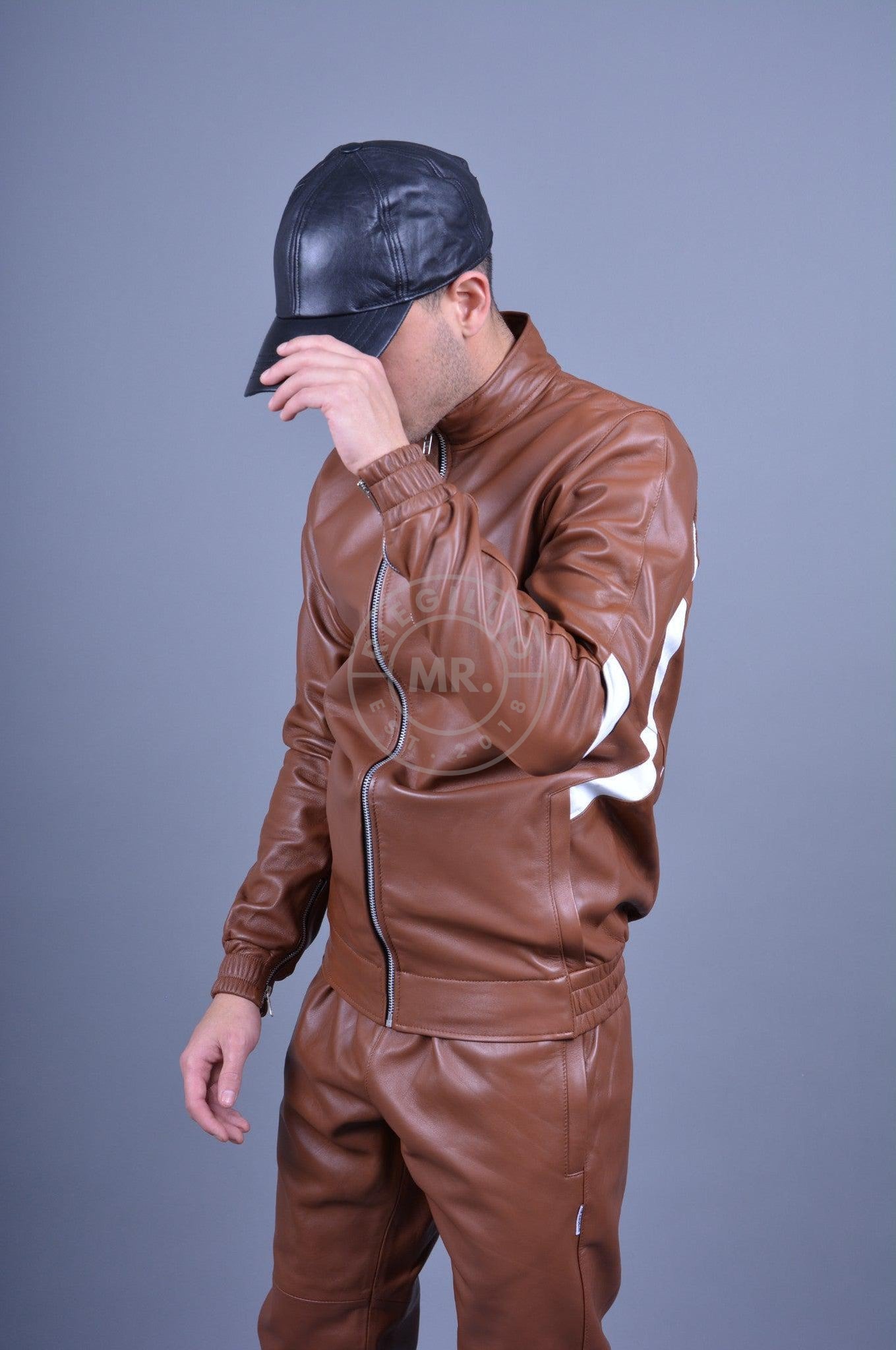 Cinnamon Brown Leather Tracksuit Jacket *DISCONTINUED ITEM* at MR. Riegillio