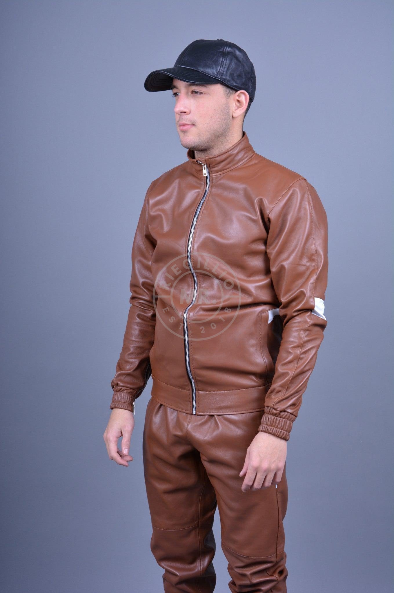 Cinnamon Brown Leather Tracksuit Jacket *DISCONTINUED ITEM* at MR. Riegillio