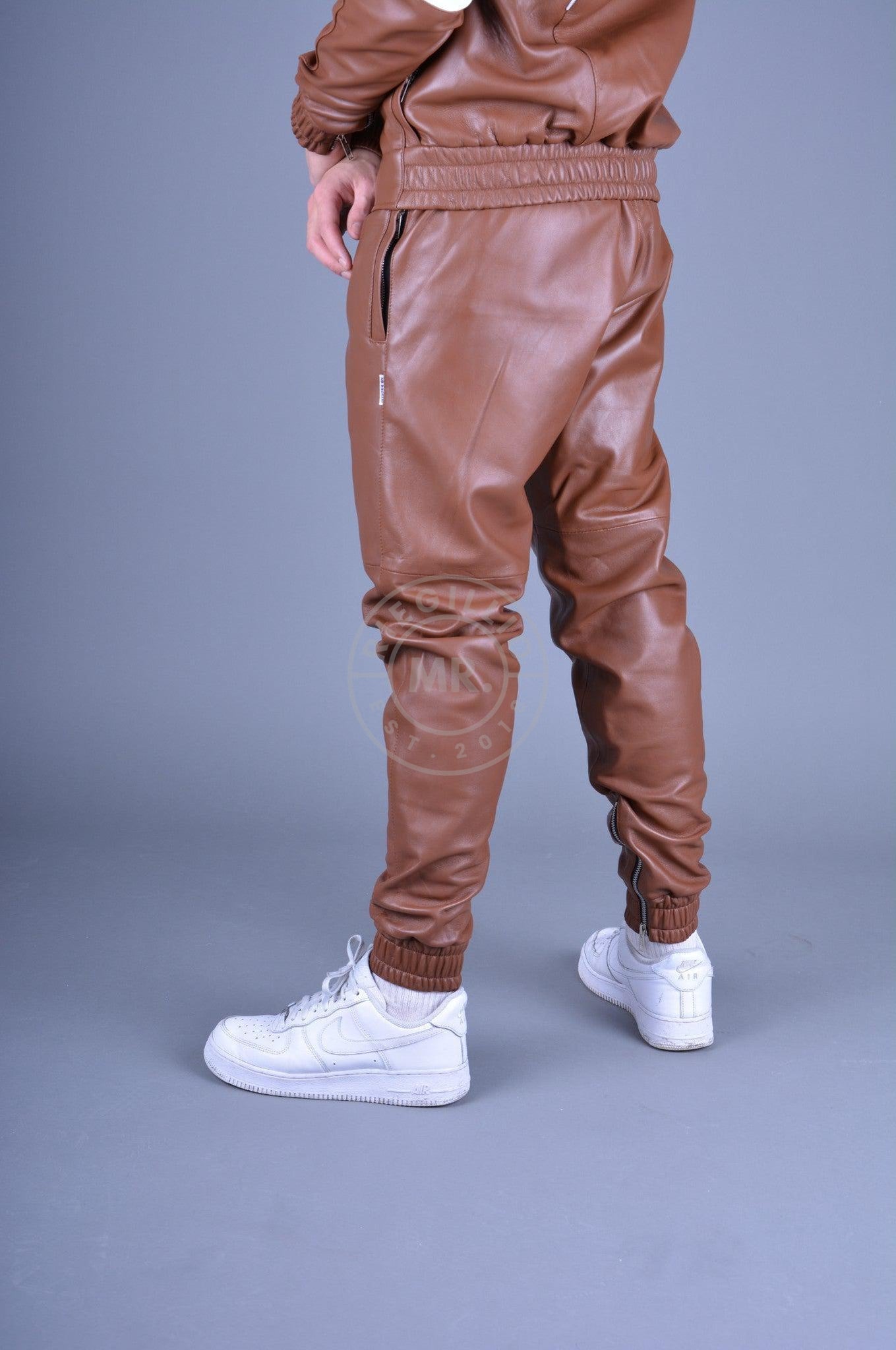 Cinnamon Brown Leather Tracksuit Pants at MR. Riegillio