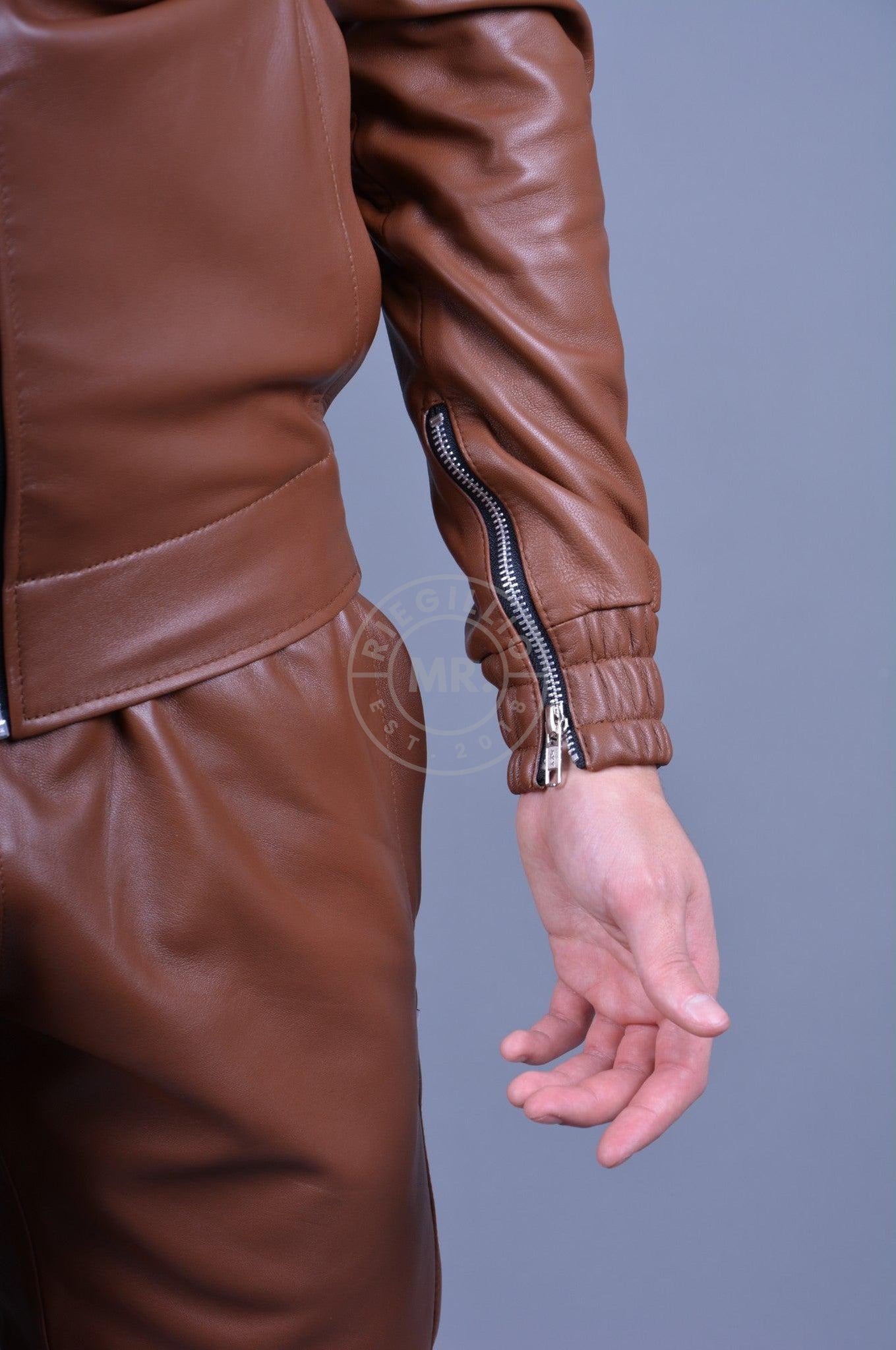 Cinnamon Brown Leather Tracksuit Jacket at MR. Riegillio