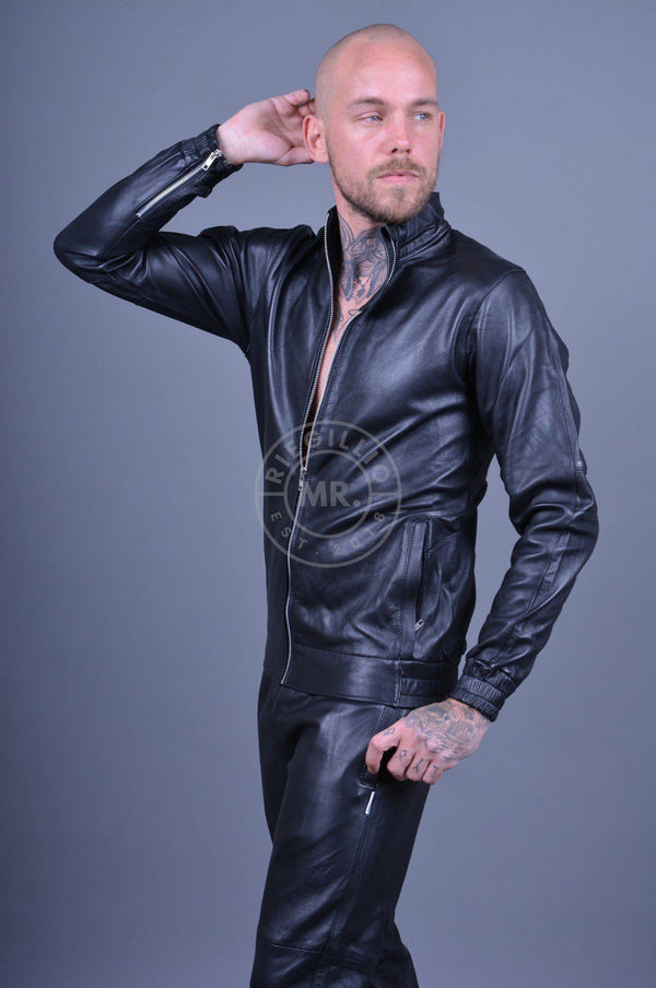 Plain Black Leather Tracksuit Jacket at MR. Riegillio