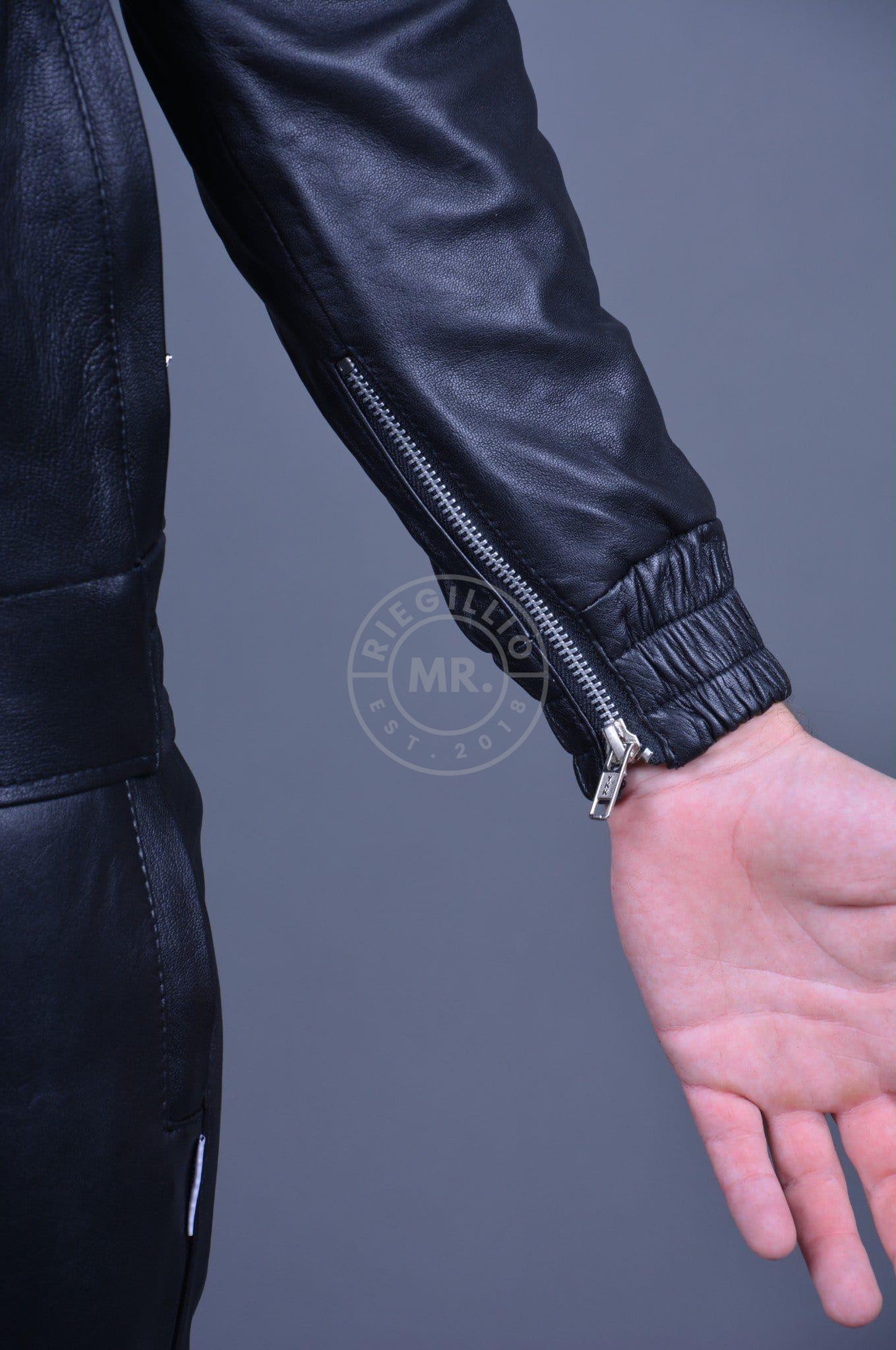 Plain Black Leather Tracksuit Jacket at MR. Riegillio
