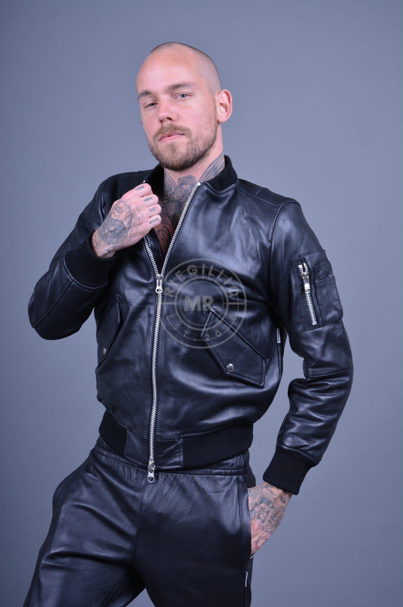 Black Leather Bomber Jacket at MR. Riegillio