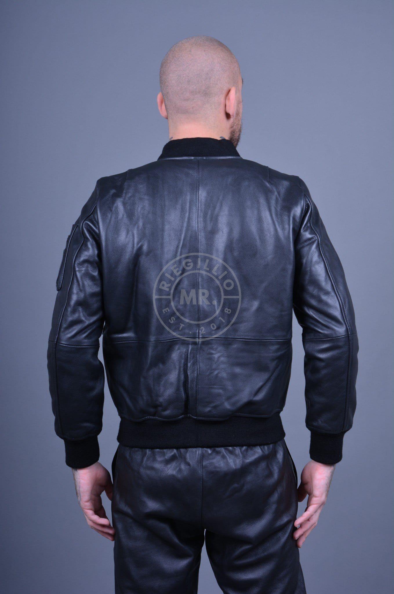 Black Leather Bomber Jacket by MR. Riegillio