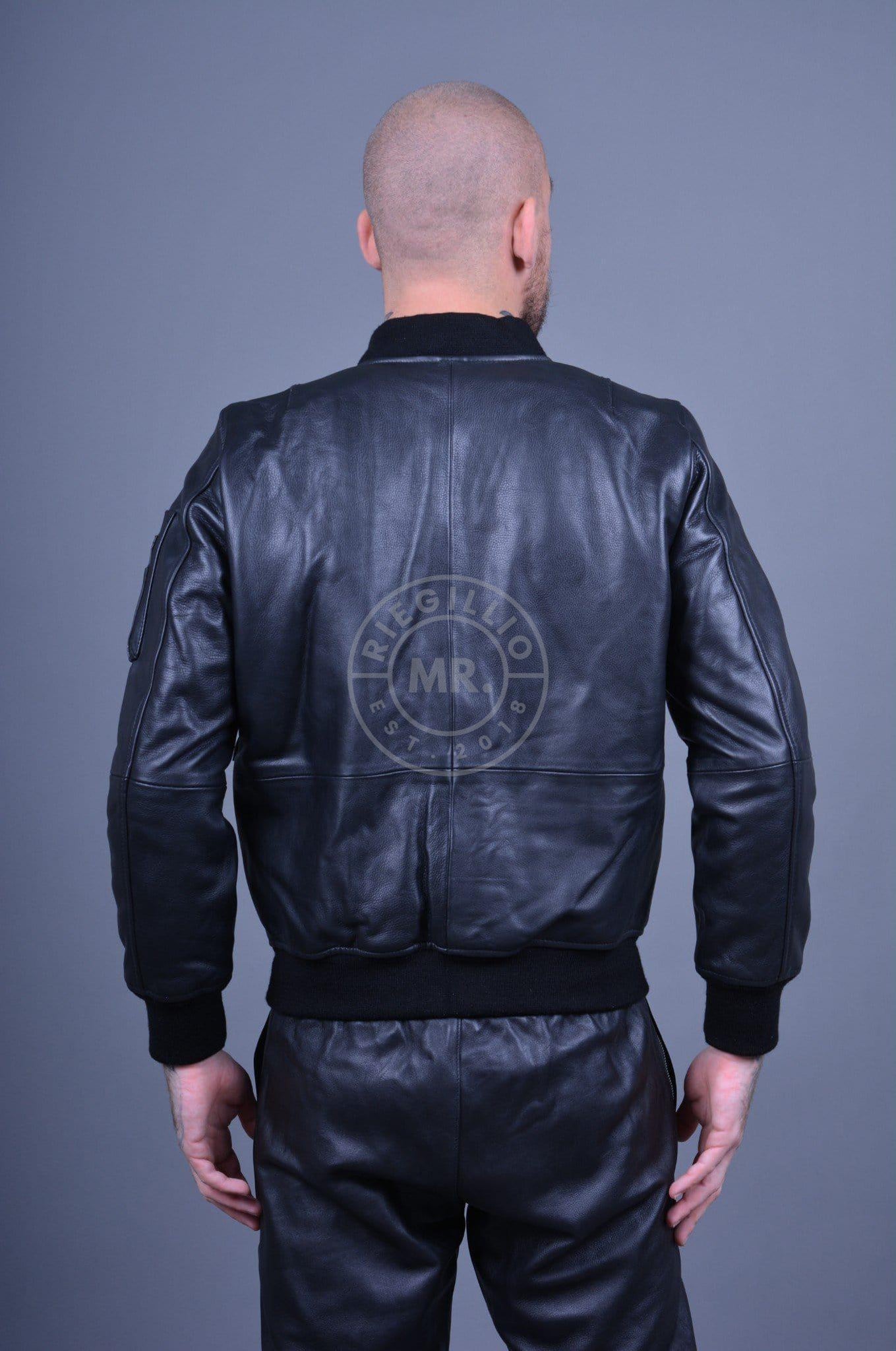 Black Leather Bomber Jacket at MR. Riegillio