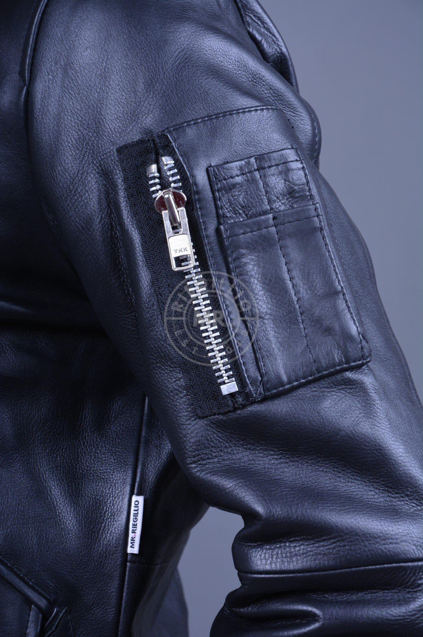 Black Leather Bomber Jacket at MR. Riegillio