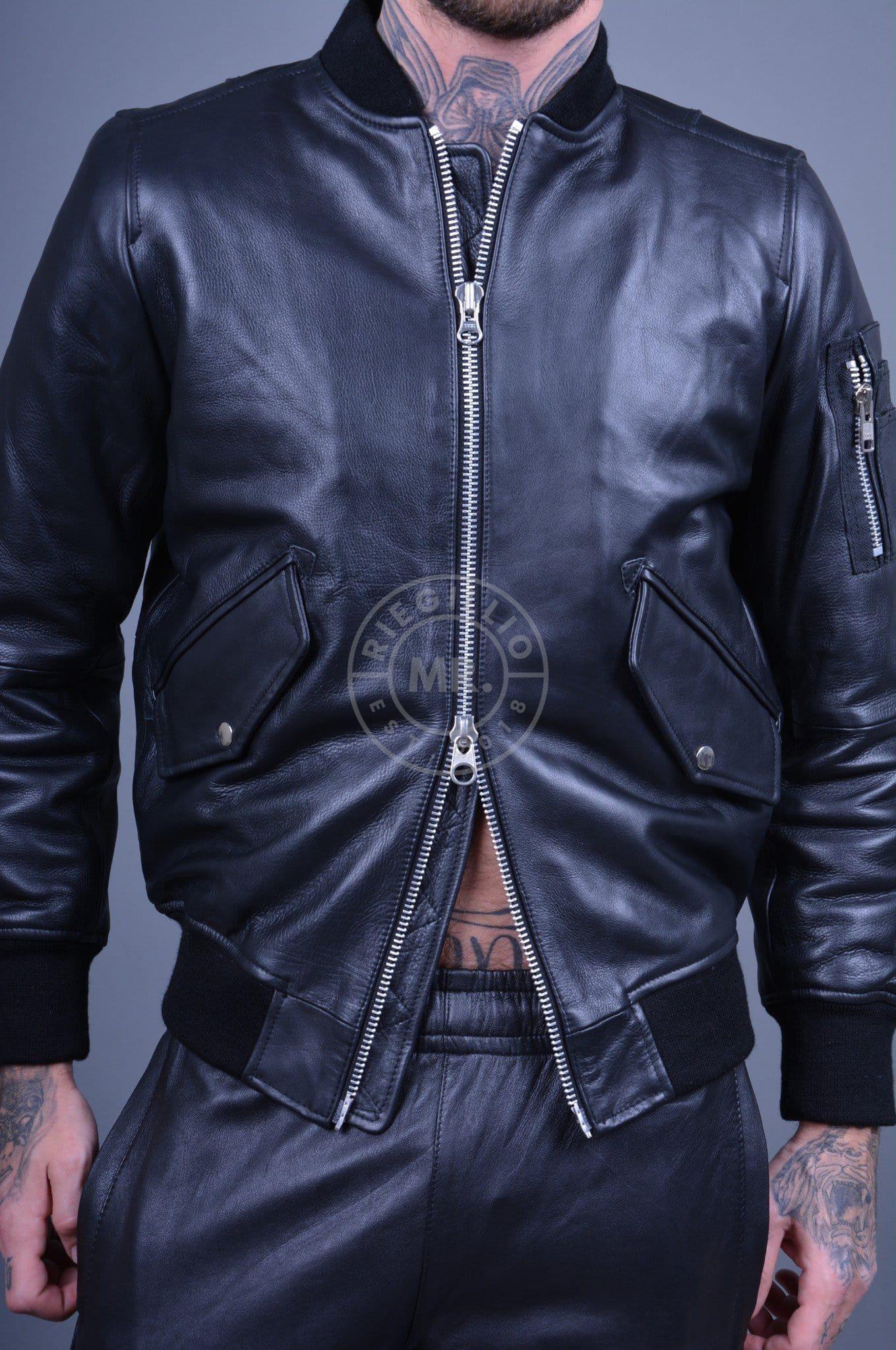 Black Leather Bomber Jacket at MR. Riegillio