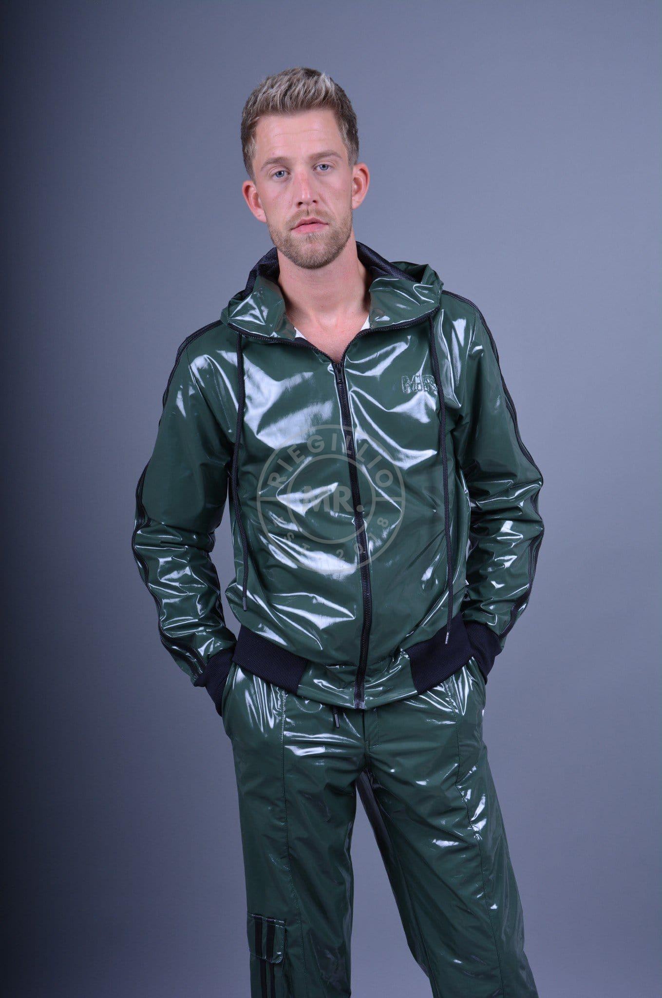 Green PVC Tracksuit Jacket - BLACK STRIPES *DISCONTINUED ITEM* at MR. Riegillio