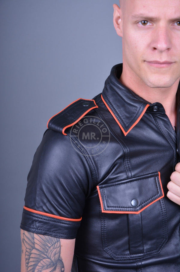 Black Leather Shirt - ORANGE Piping at MR. Riegillio