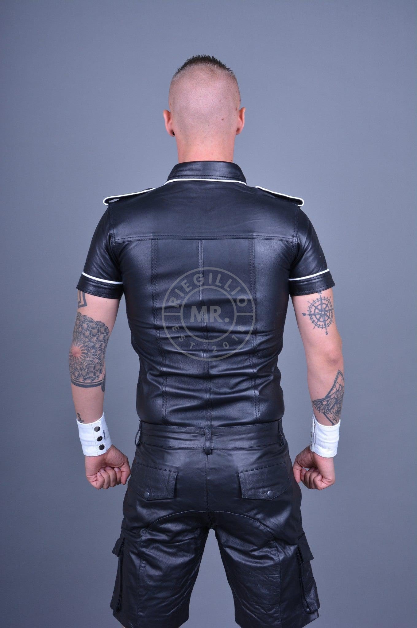 Black Leather Shirt - WHITE Piping at MR. Riegillio