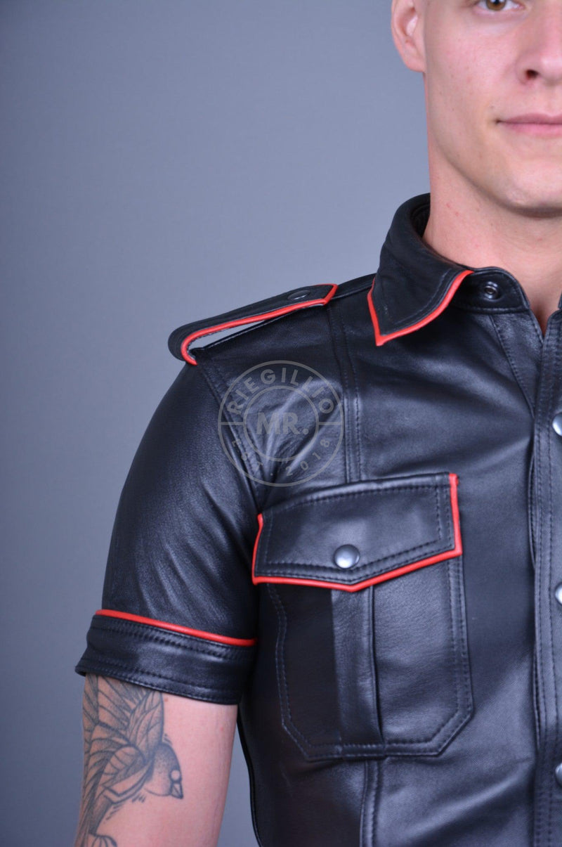 Black Leather Shirt - RED Piping at MR. Riegillio