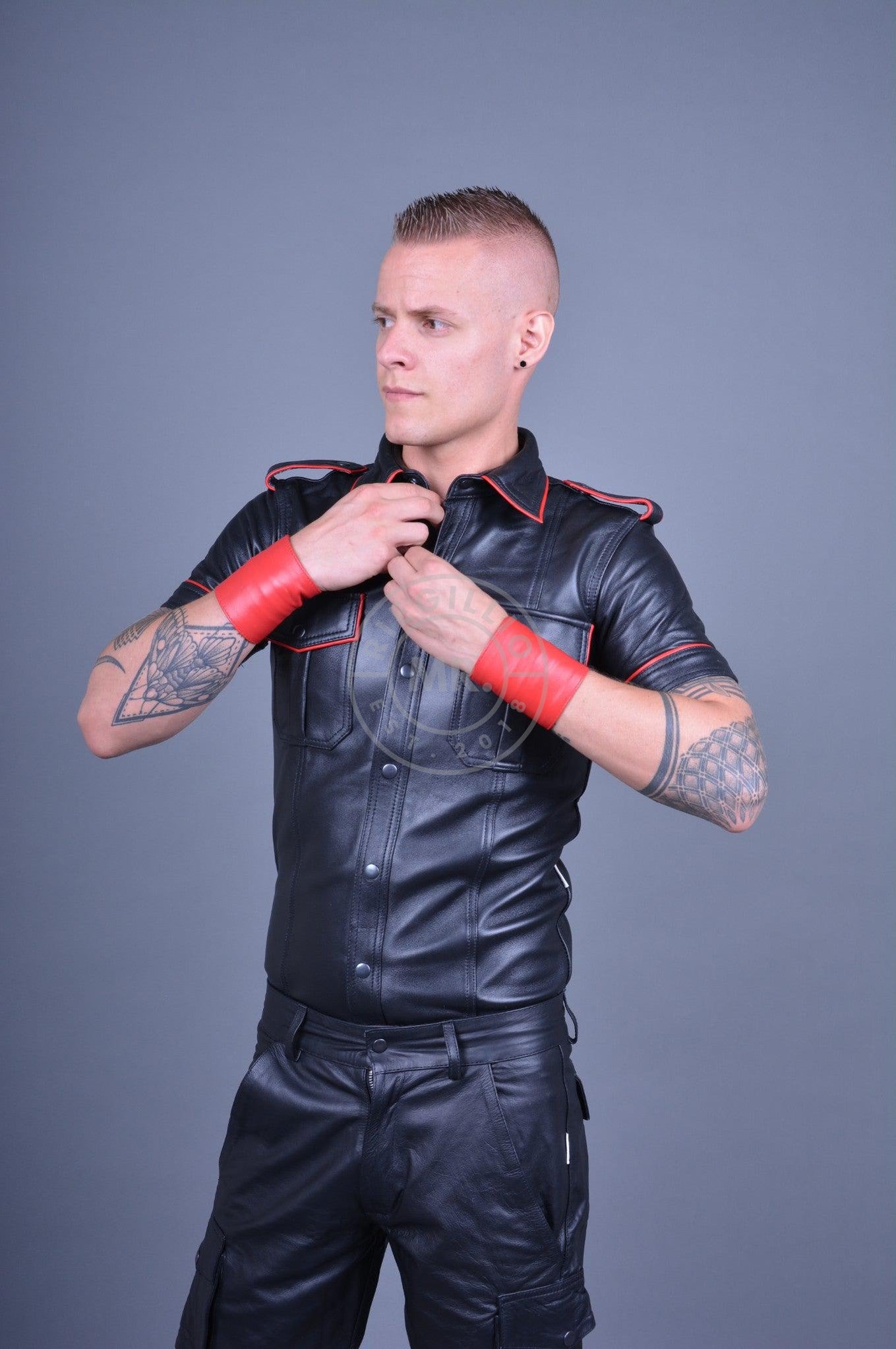 Black Leather Shirt - RED Piping at MR. Riegillio
