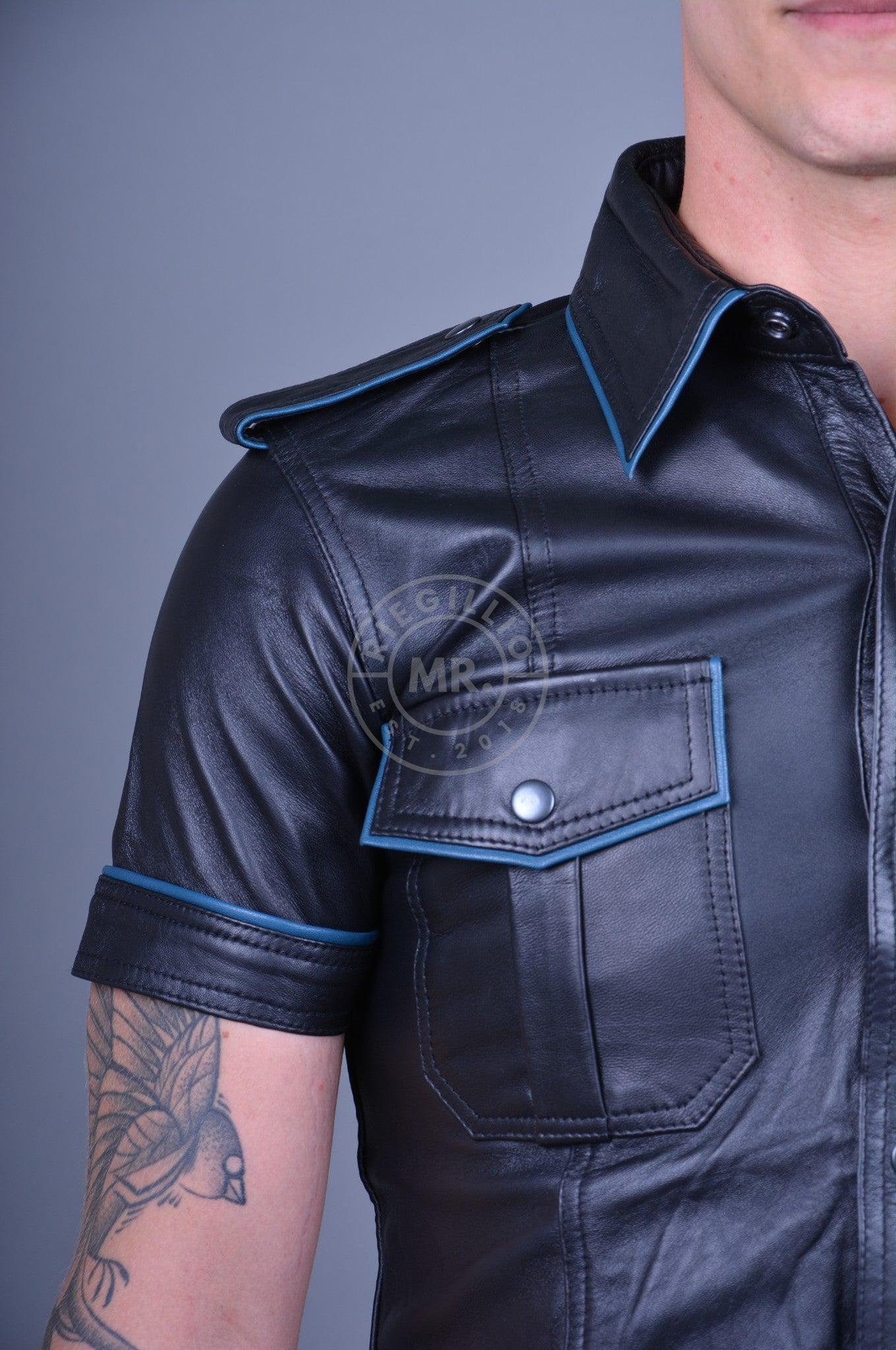 Black Leather Shirt - JEANS BLUE Piping at MR. Riegillio
