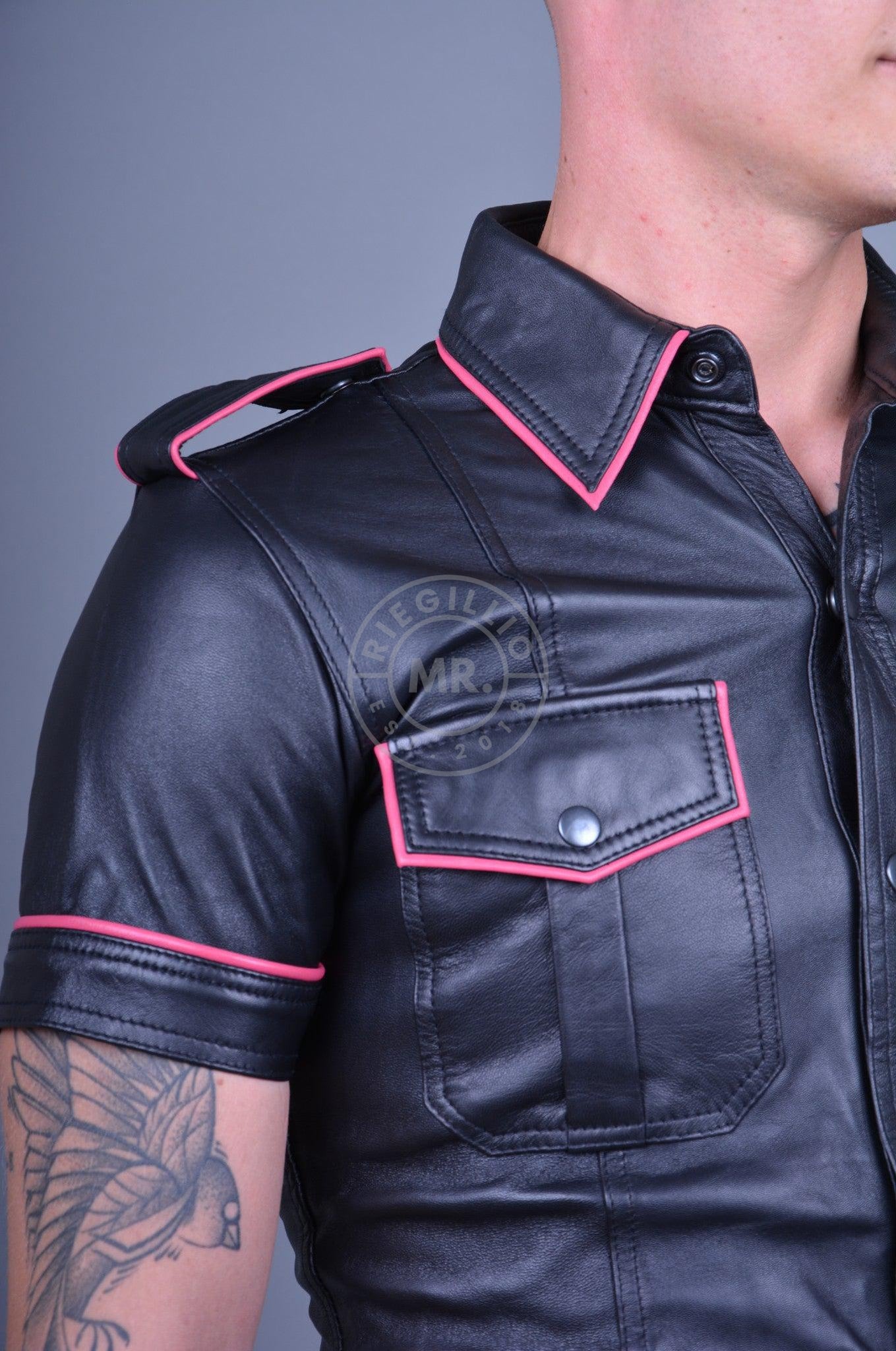 Black Leather Shirt - PINK Piping at MR. Riegillio