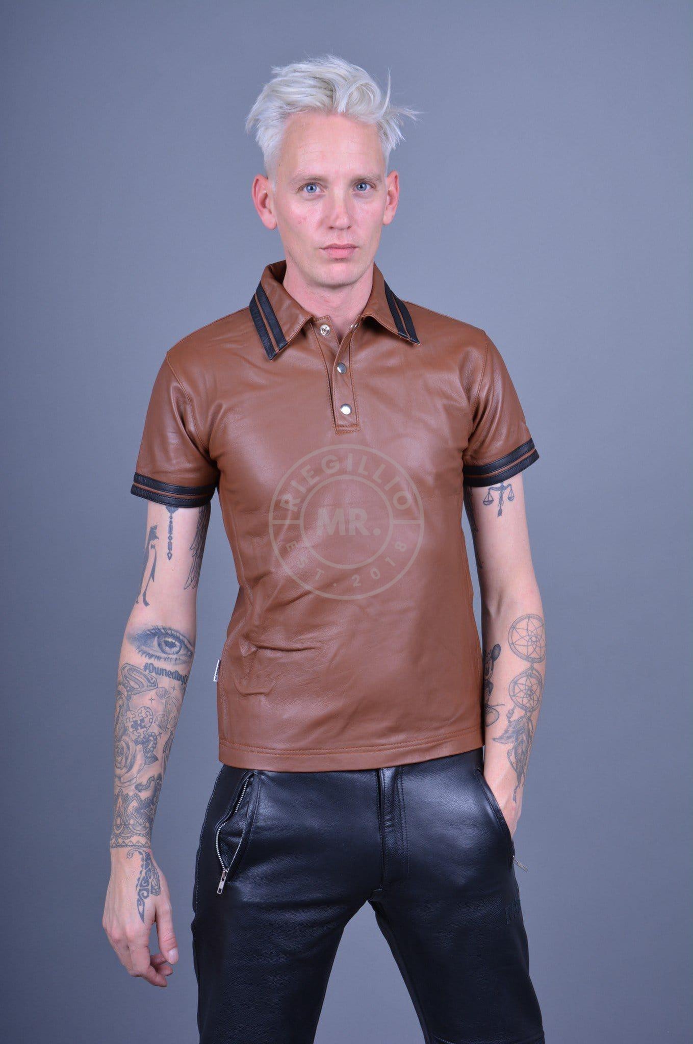 Cinnamon Brown Leather Polo - BLACK STRIPES at MR. Riegillio