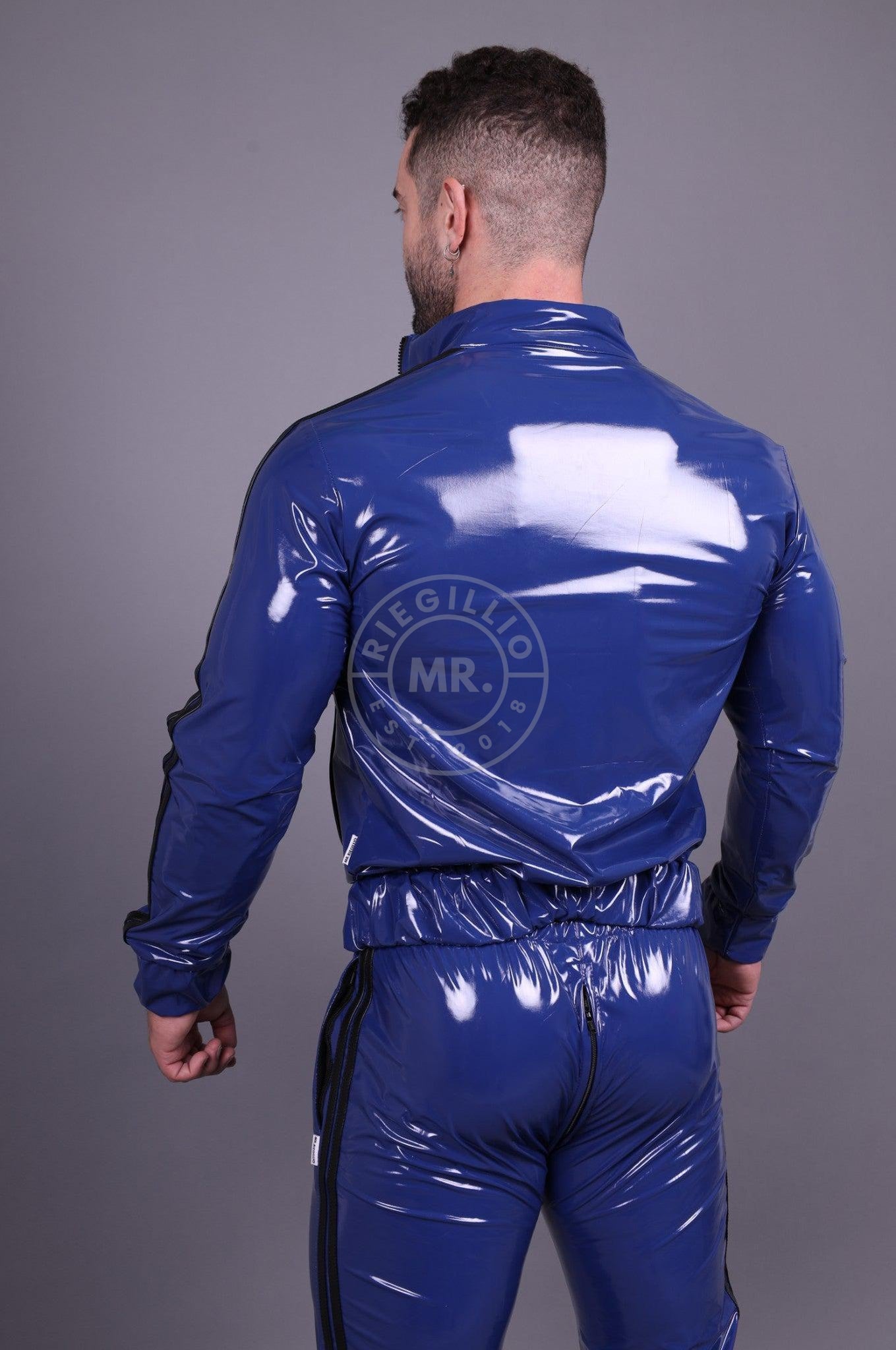 Blue PVC Tracksuit Jacket - Black Stripes at MR. Riegillio