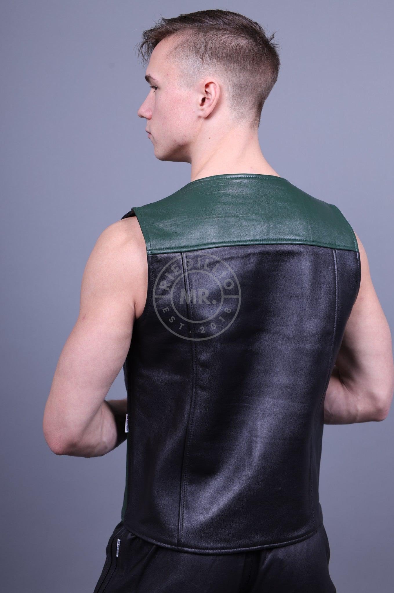 Leather Zipper Vest - Dark Green Panels at MR. Riegillio