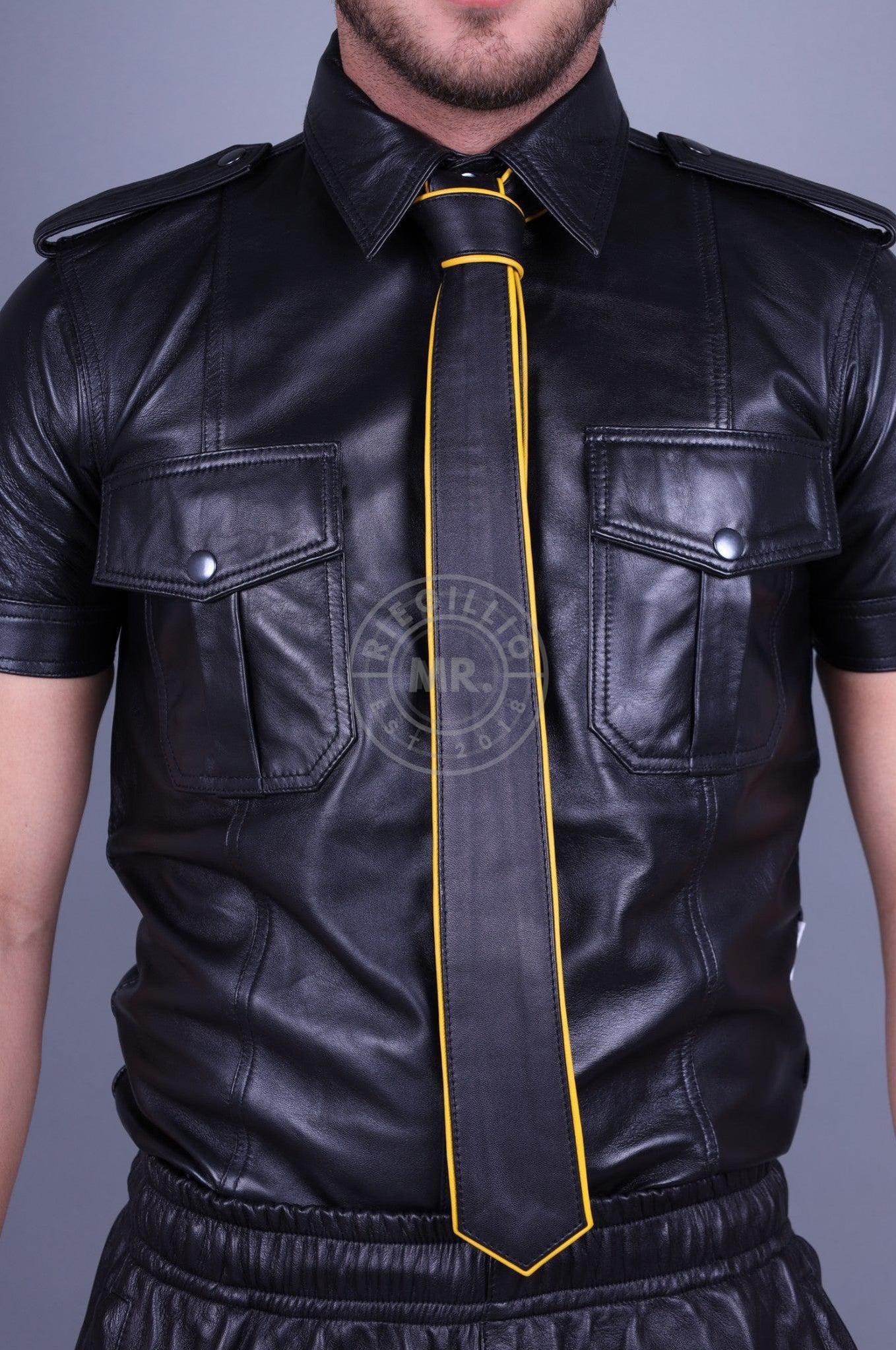 Black Leather Tie - YELLOW Piping at MR. Riegillio