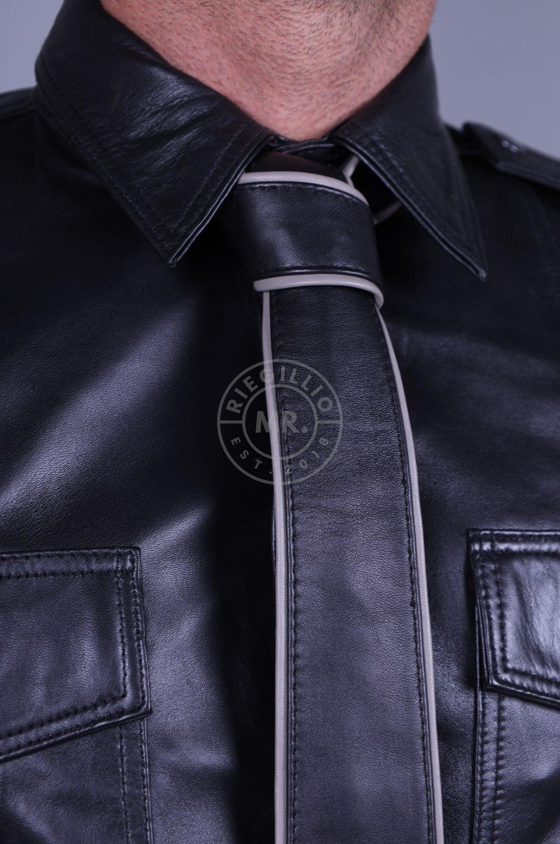 Black Leather Tie - GREY Piping at MR. Riegillio