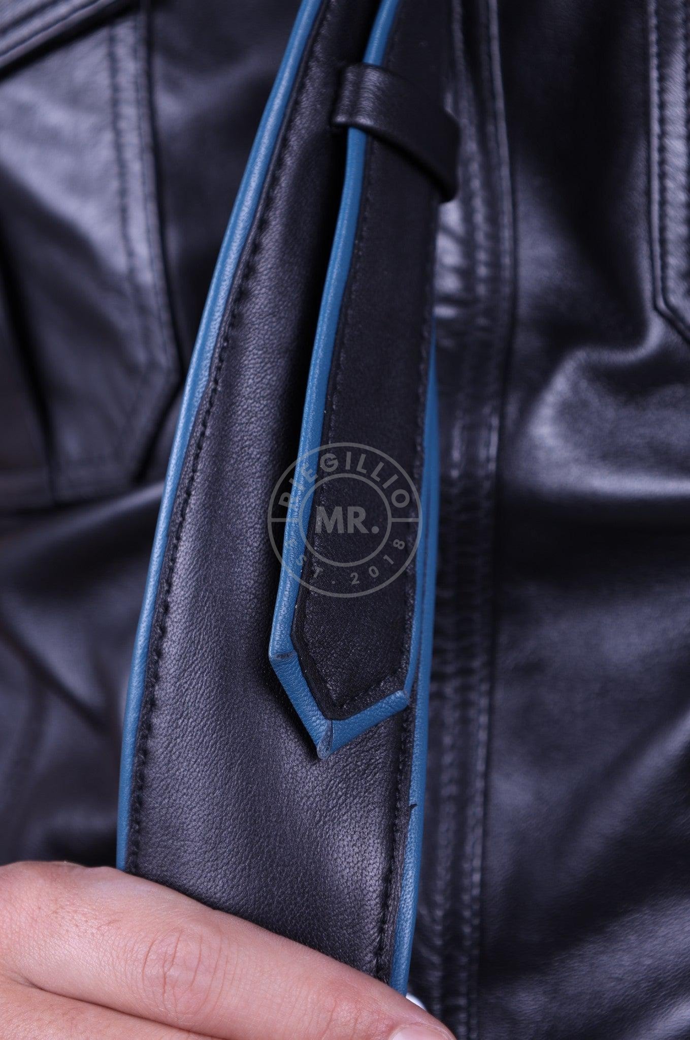 Black Leather Tie - JEANS BLUE Piping at MR. Riegillio