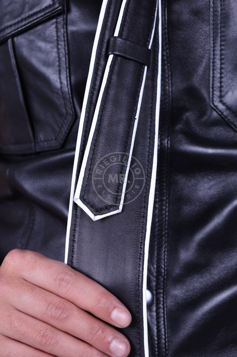 Black Leather Tie - WHITE Piping at MR. Riegillio
