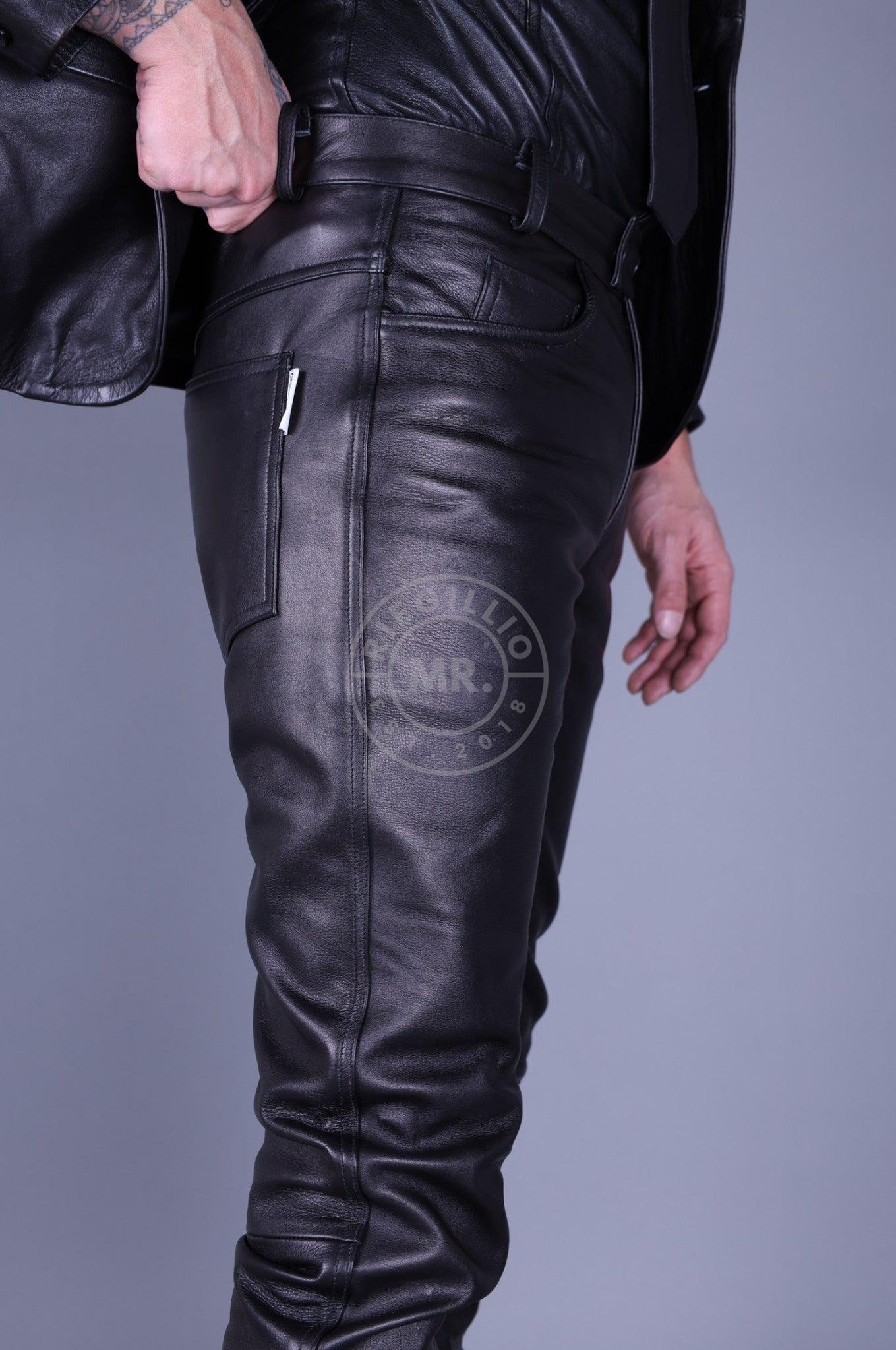 Black Leather 5 Pocket Pants at MR. Riegillio