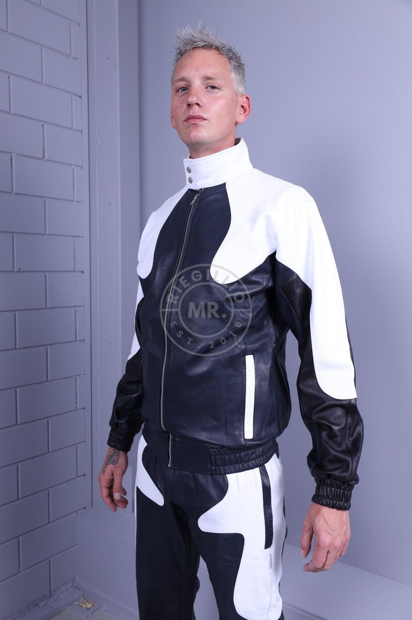 Leather Tracksuit Jacket - Dark Blue / White at MR. Riegillio