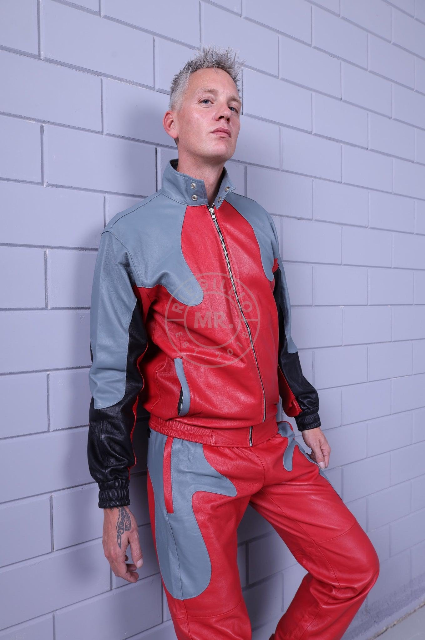 Leather Tracksuit Jacket - Red / Grey at MR. Riegillio