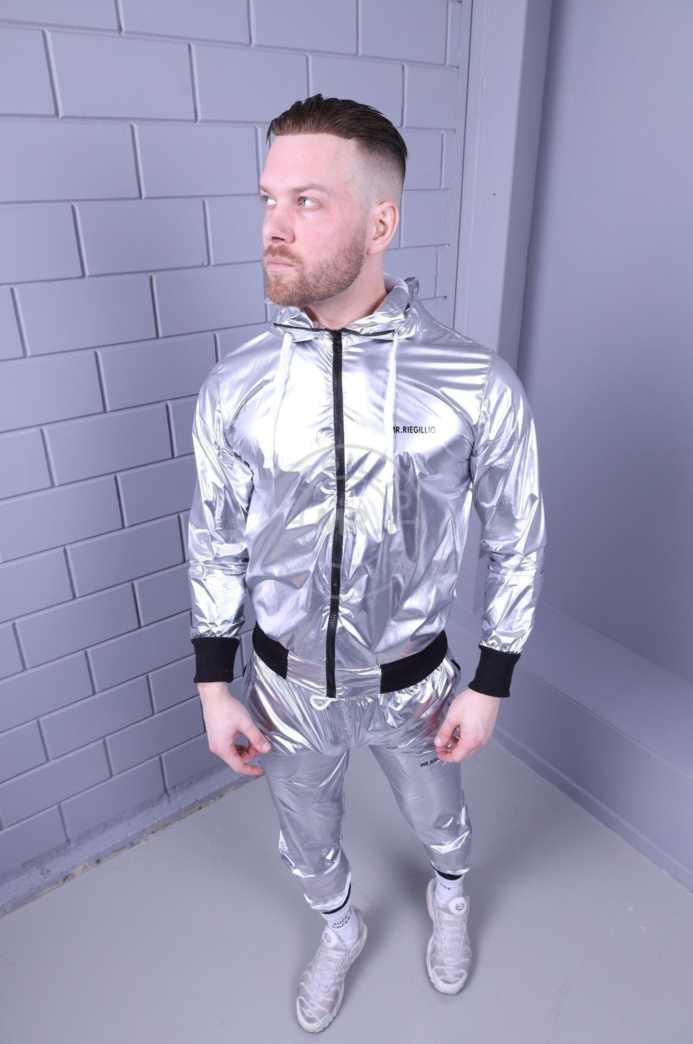 Shiny Nylon Tracksuit Jacket - Silver at MR. Riegillio