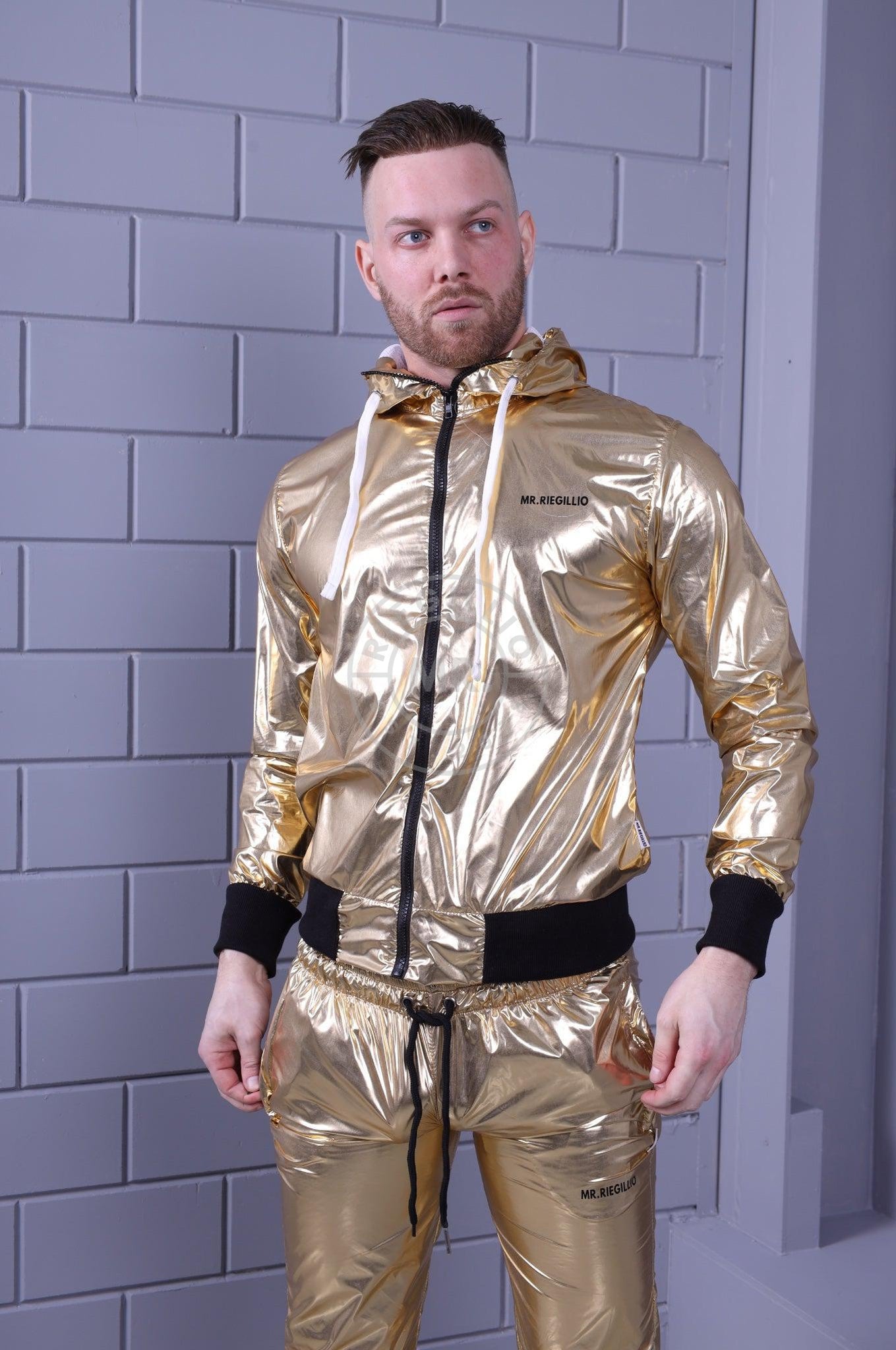 Shiny Nylon Tracksuit Jacket - Gold-at MR. Riegillio