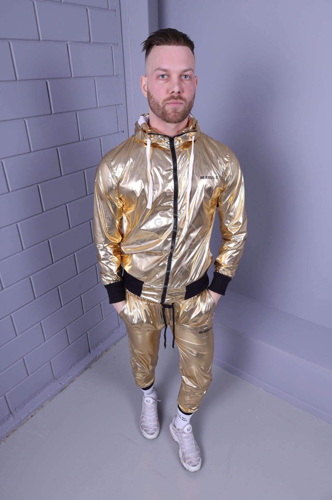 Shiny Nylon Tracksuit Jacket - Gold at MR. Riegillio