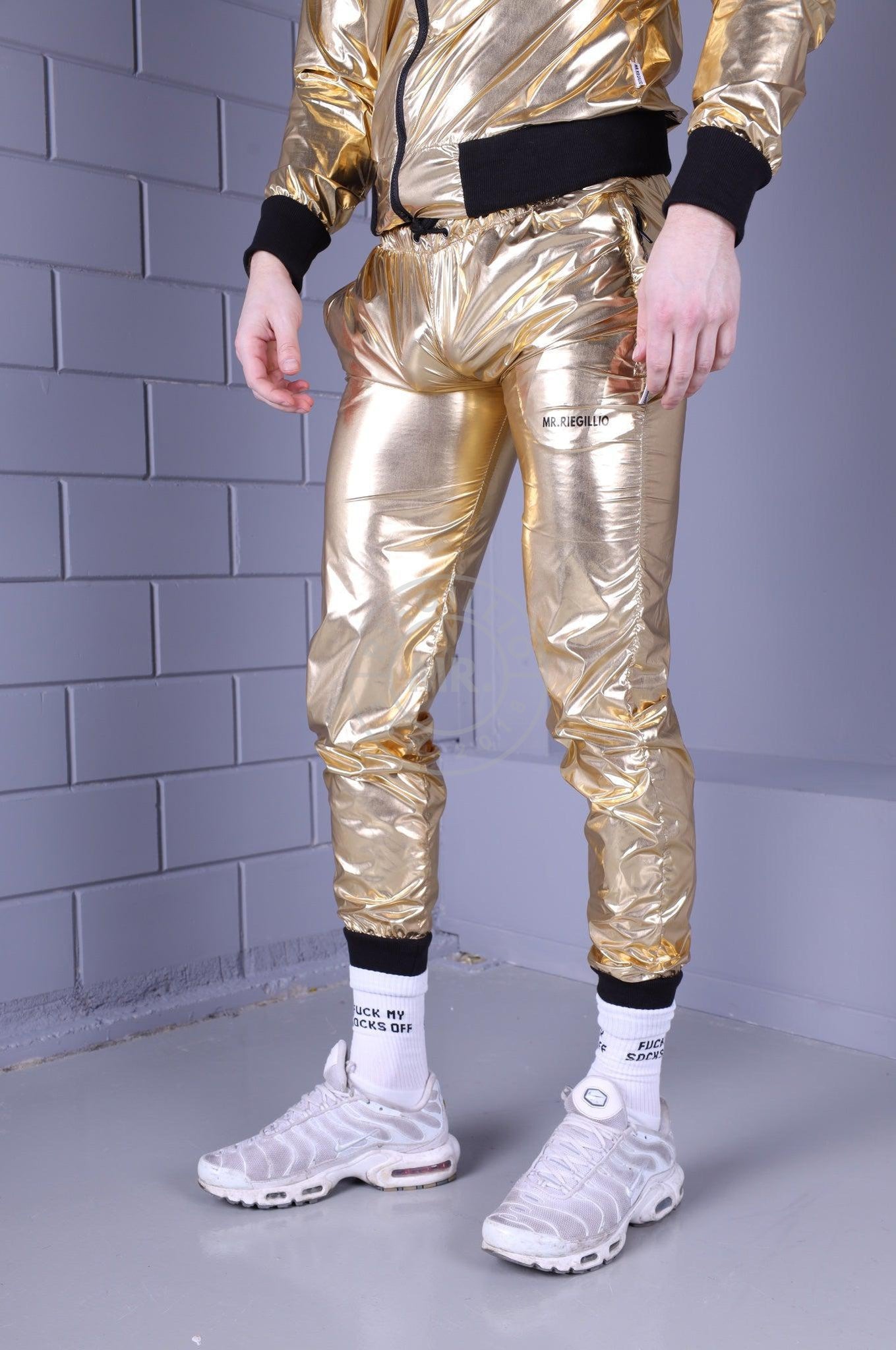Shiny Nylon Tracksuit Pants - Gold at MR. Riegillio