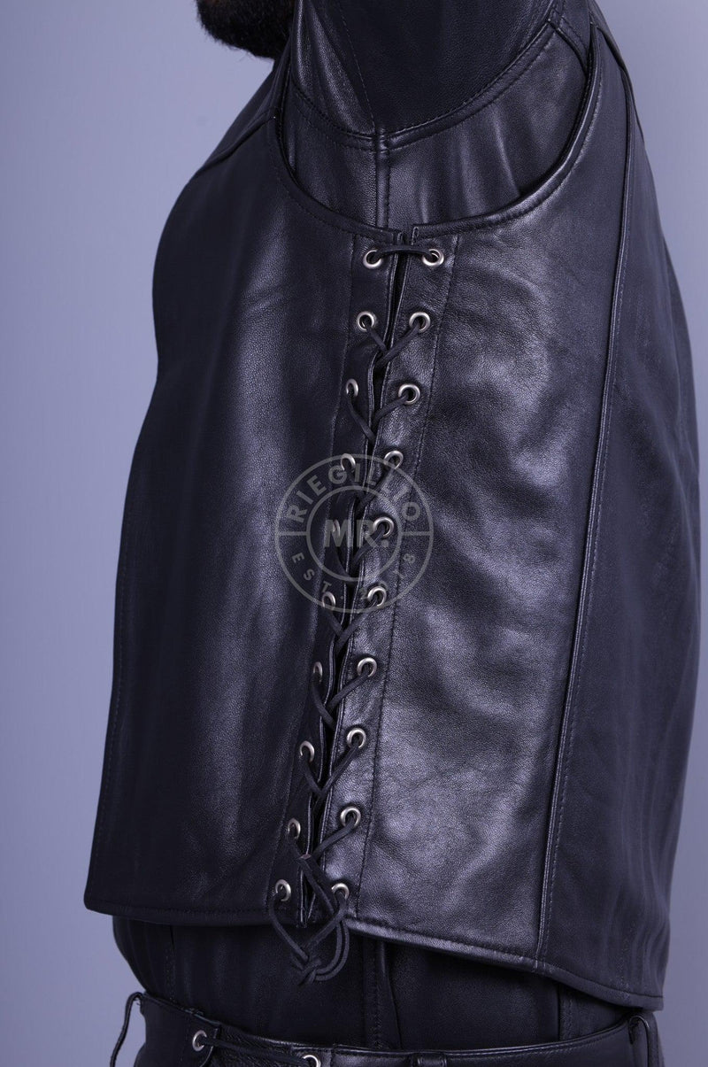 Black Leather Waistcoat - Lace Up at MR. Riegillio