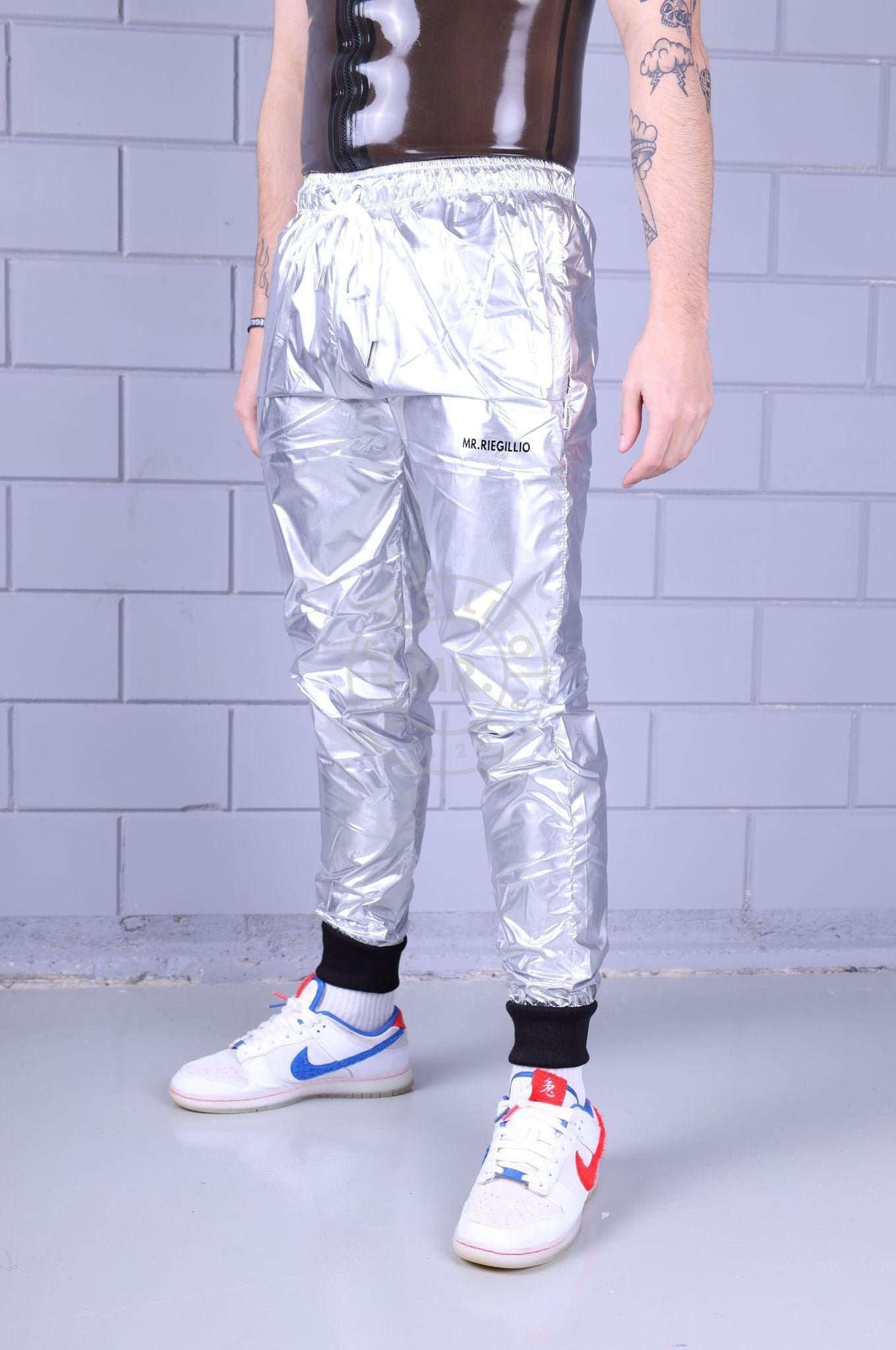 Shiny Nylon Tracksuit Pants - Silver at MR. Riegillio