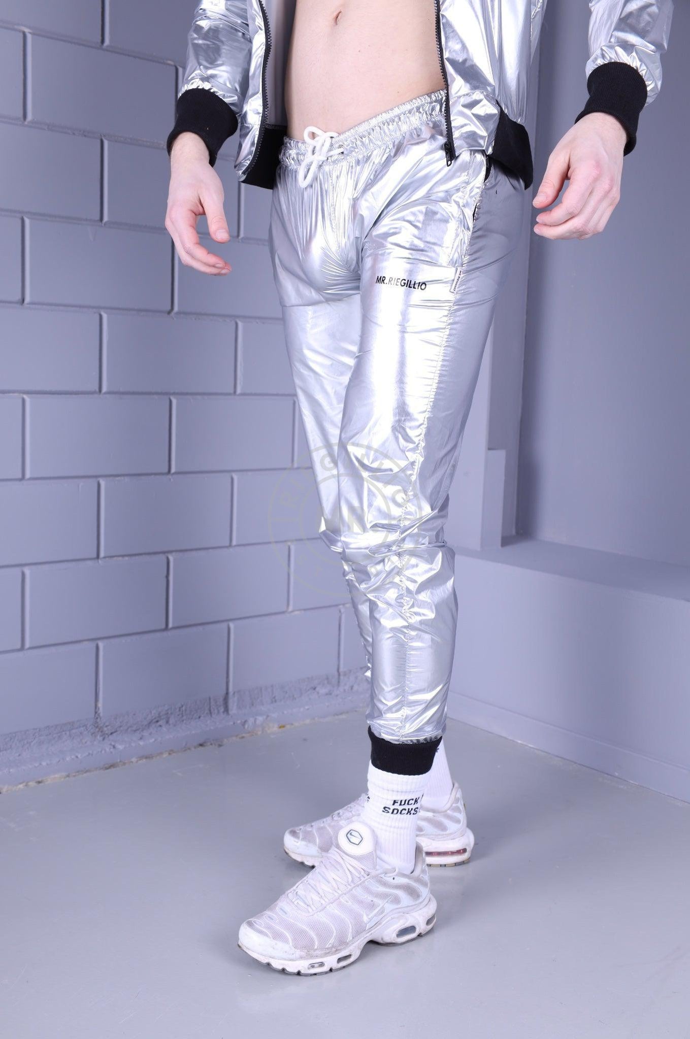 Shiny Nylon Tracksuit Pants - Silver at MR. Riegillio