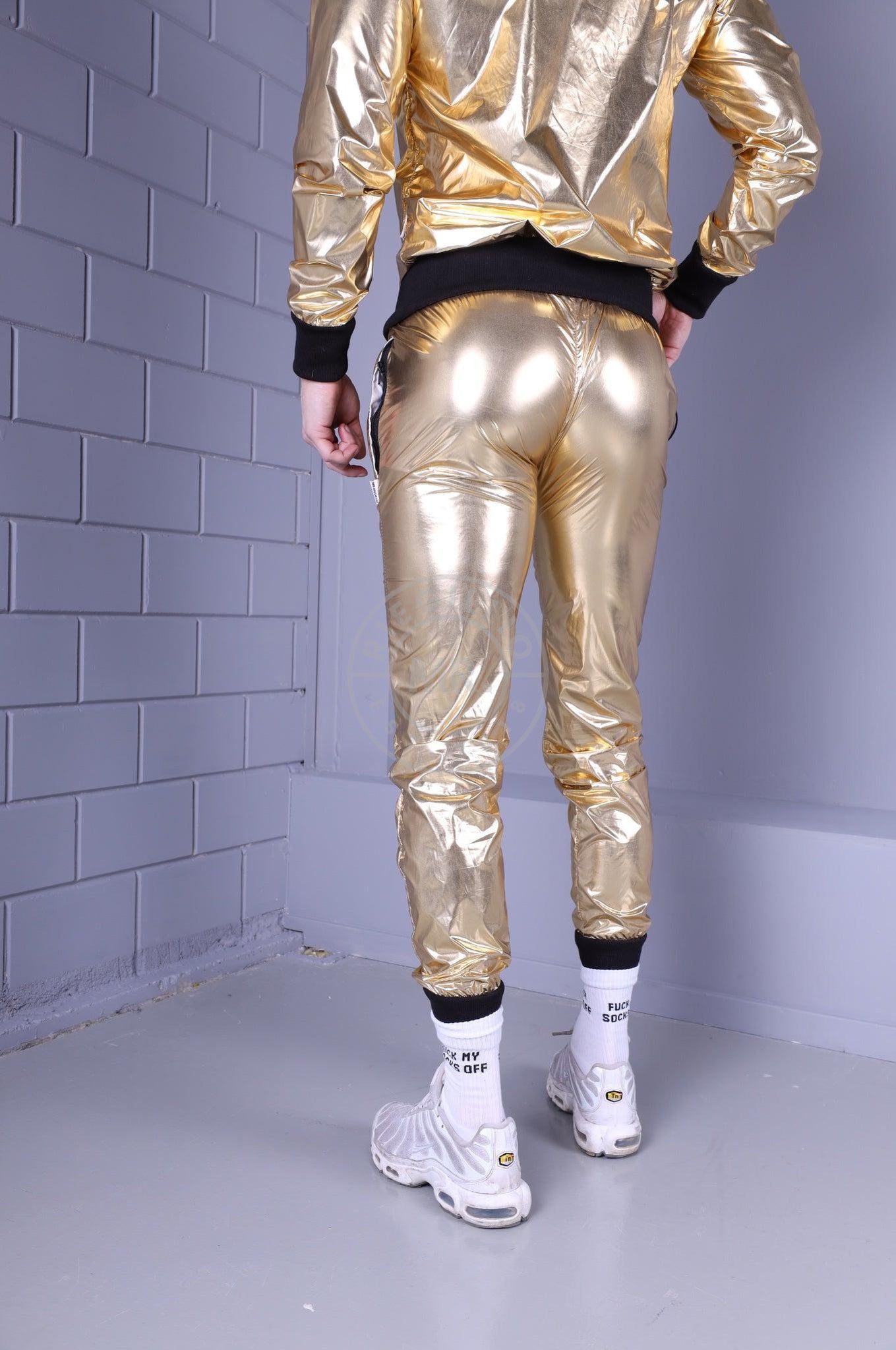 Shiny Nylon Tracksuit Pants - Gold at MR. Riegillio