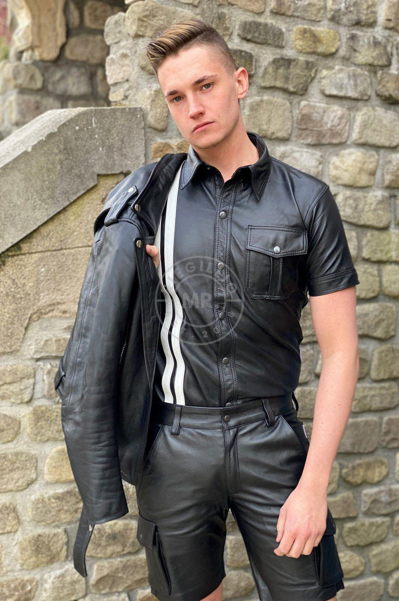 Black Leather Shirt - WHITE STRIPES at MR. Riegillio